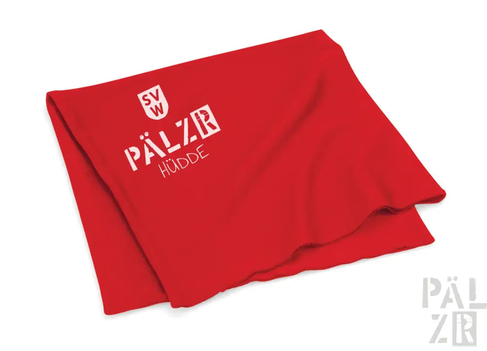 Rotes Mikrofaser-Tuch mit weißem Logo und Schild-Design.