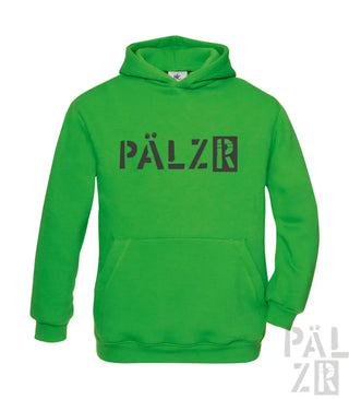 Grüner Hoodie mit ’pälzr’-Logo in Schwarz, aus Kapuzenschweißshirt-Material.