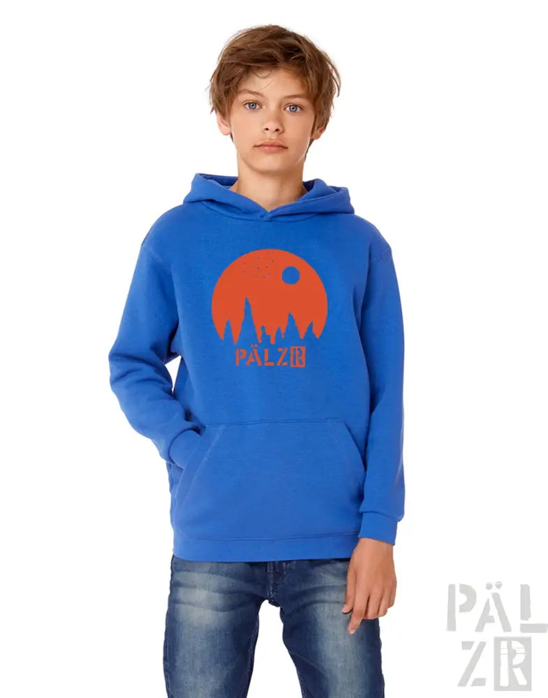 Königsblaues Hoodie mit orangefarbenem Sonnendesign und ’palzur’ Text, aus weichem Baumwollstoff.