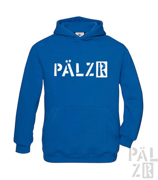 Königsblaues Hoodie mit weißem ’pälzr’ Textdesign, aus Baumwolle gefertigt.