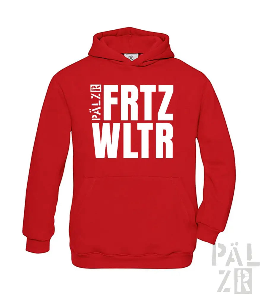 Roter Hoodie mit weißem Textdesign, das ’frtz’ und ’wltr.’ zeigt.