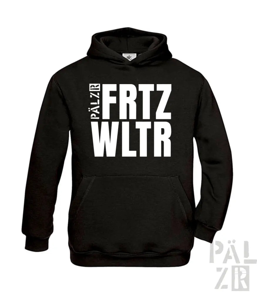 Schwarze Kapuzenjacke mit weißem Text „frtz wltr“ und Kapuze, aus Baumwolle.