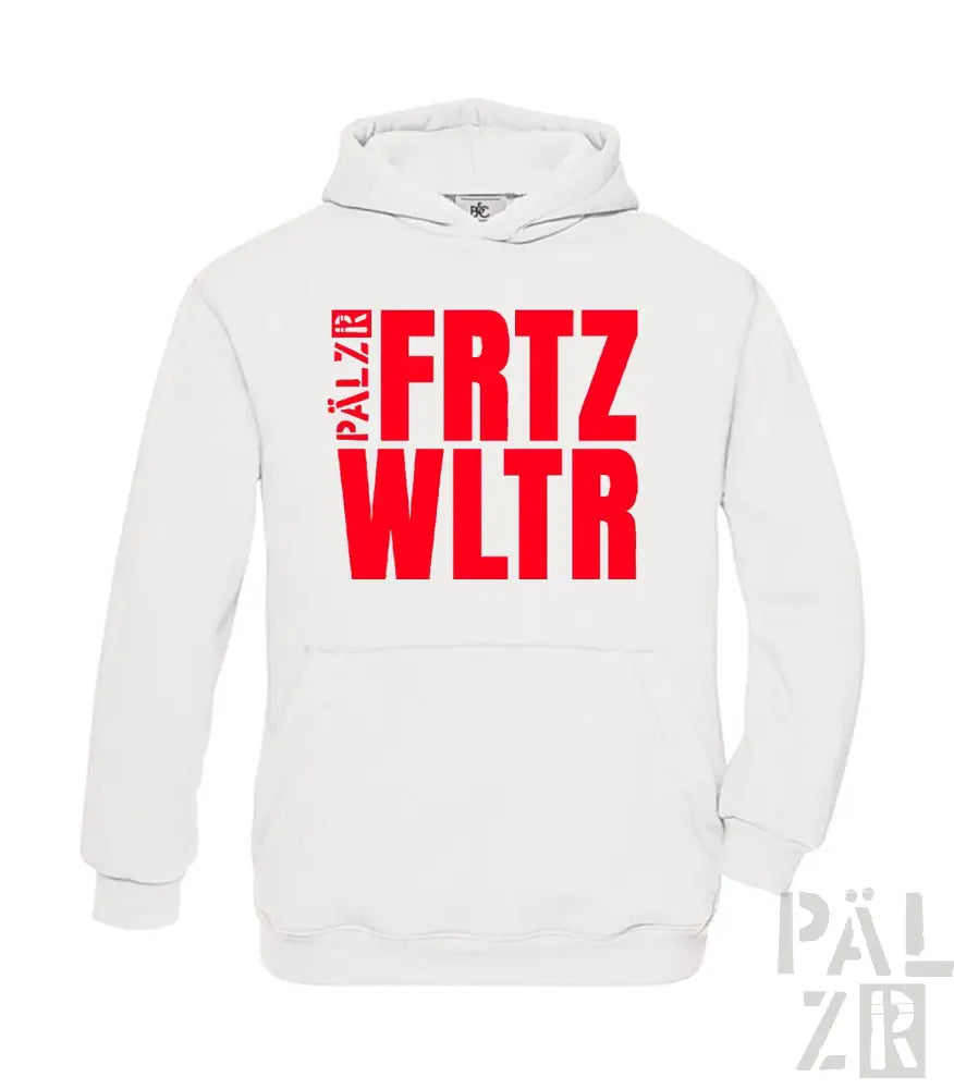 Weißes Hoodie mit rotem Textdesign, das ’frtz wltr’ und ’pälzr’ Branding zeigt.