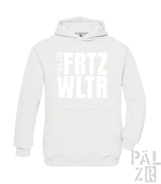 Weißes Hoodie mit ’frtz wltr’-Design und Kordelkapuze.