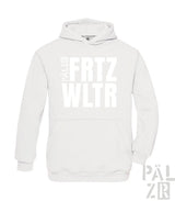 Weißes Hoodie mit ’frtz wltr’-Design und Kordelkapuze.