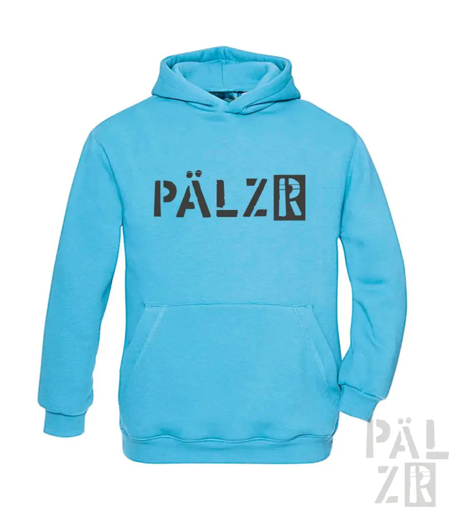 Türkisfarbene Kapuzenjacke mit ’pälzr’-Logo in Schwarz-Weiß-Design, aus Baumwolle gefertigt.