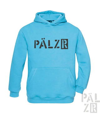 Türkisfarbene Kapuzenjacke mit ’pälzr’-Logo in Schwarz-Weiß-Design, aus Baumwolle gefertigt.