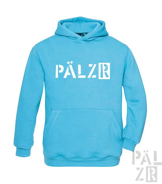 Türkise Hoodie mit weißem „pälzr“-Logo, aus weichem Baumwollstoff.