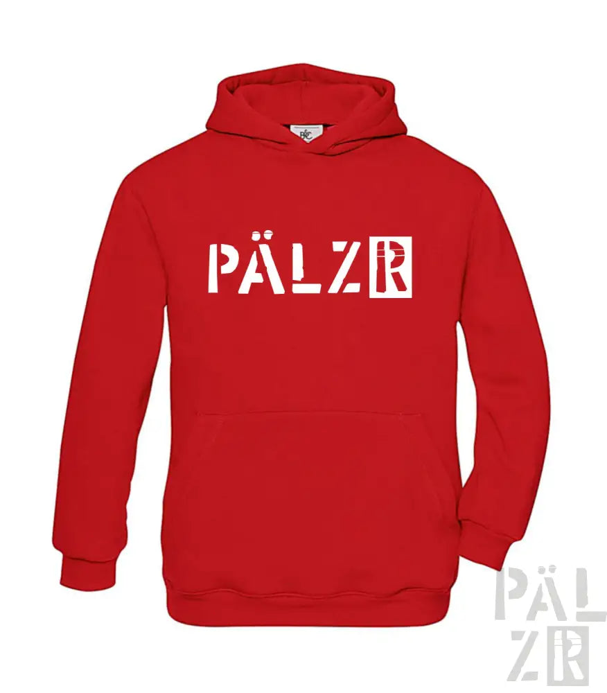 Rote Kapuzenjacke mit weißem ’pälzr’-Logo-Design, hergestellt aus einer Baumwolle- und Polyestermischung.