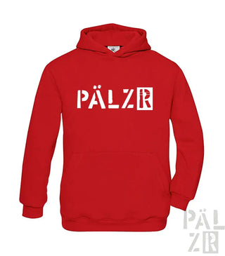Rote Kapuzenjacke mit weißem ’pälzr’-Logo-Design, hergestellt aus einer Baumwolle- und Polyestermischung.