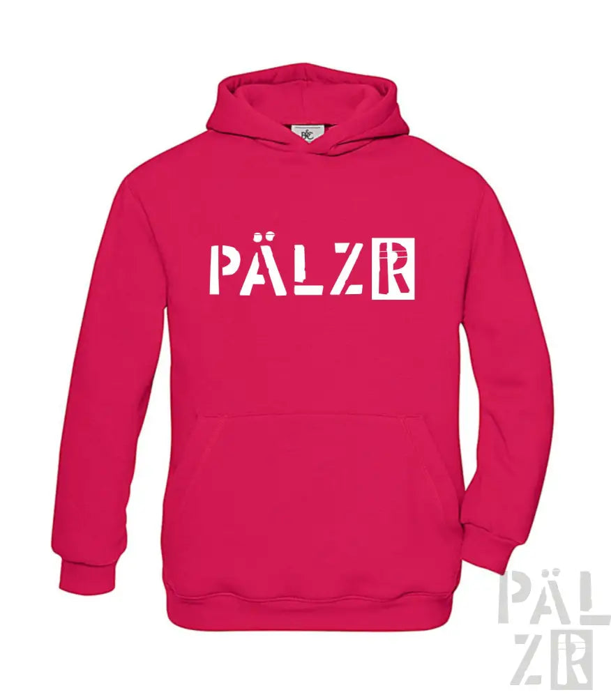 Rosa Hoodie mit weißem ‚pälzr‘-Textdesign, Material aus Kapuzenschweißshirt.