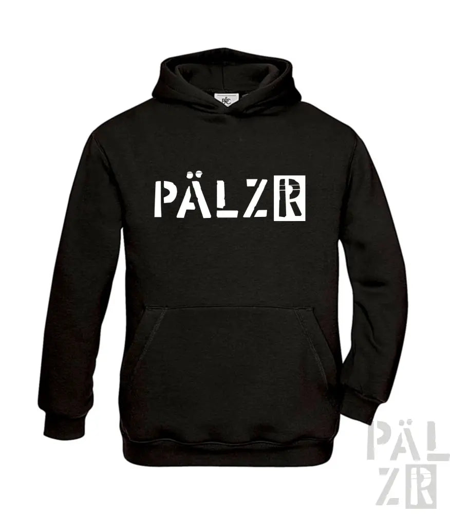 Schwarzer Hoodie mit weißem „pälzr“-Textdesign, hergestellt aus einer Baumwoll-Polyester-Mischung.