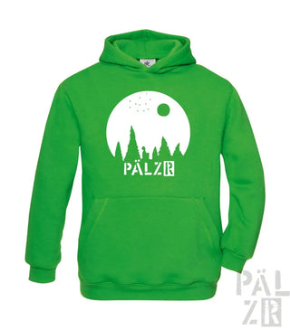 Grüner Hoodie mit weißem Waldmuster und Text „pälzr“.