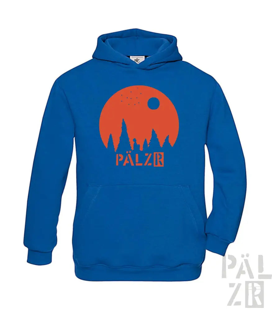 Königsblaues Hoodie mit orange-schwarzem Design, das den Text ’pälzr’ zeigt.
