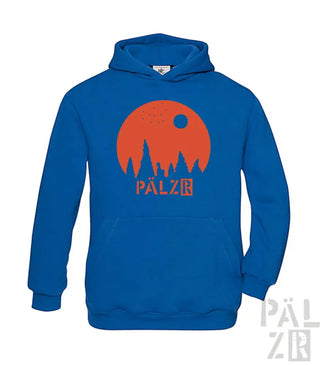 Königsblaues Hoodie mit orange-schwarzem Design, das den Text ’pälzr’ zeigt.