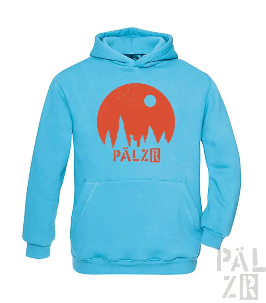 Türkisfarbene Hoodie mit orange-rotem Grafikdesign, das den Text „palzr“ zeigt.