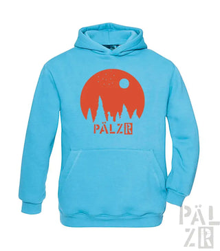 Türkisfarbene Hoodie mit orange-rotem Grafikdesign, das den Text „palzr“ zeigt.