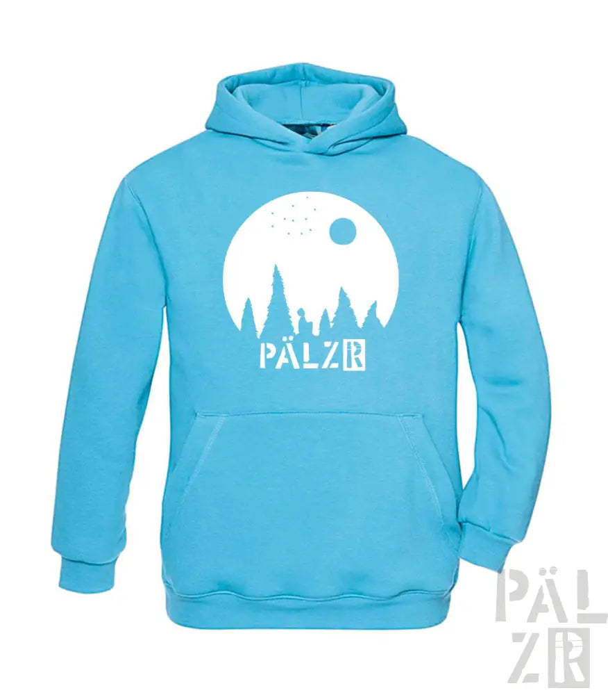 Türkise Hoodie mit weißem ’pälzr’ Logo und Silhouetten-Design.
