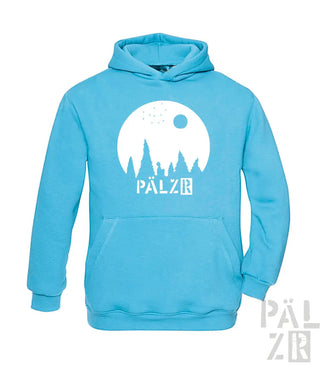 Türkise Hoodie mit weißem ’pälzr’ Logo und Silhouetten-Design.