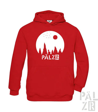 Roter Hoodie mit weißem „pälzr“-Logo und Silhouetten-Design.