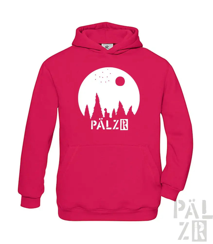 Rosa Hoodie mit weißem ’pälzr’ Logo und Silhouettendesign.