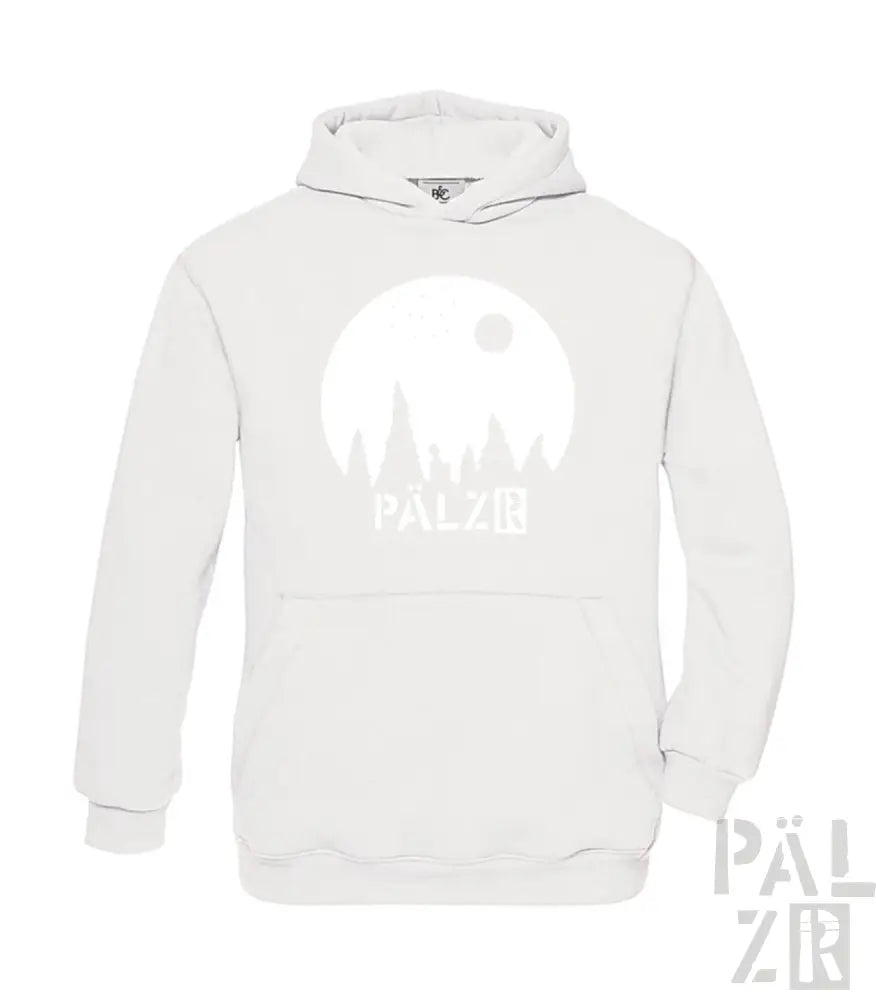 Weißes Hoodie mit Mond- und Burgen-Design, Baumwollmaterial.