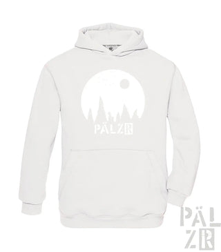 Weißes Hoodie mit Mond- und Burgen-Design, Baumwollmaterial.
