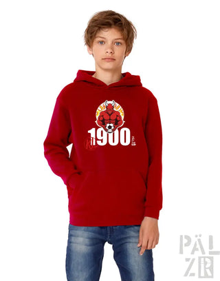 Rote Kapuze mit 1900-Logo und Teufel-Design, Baumwollmaterial.
