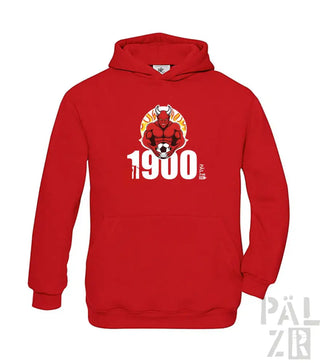 Rote Kapuzenjacke mit Teufel-Design und Text ’1900’’, Material wahrscheinlich Baumwolle oder Polyester-Mischung.