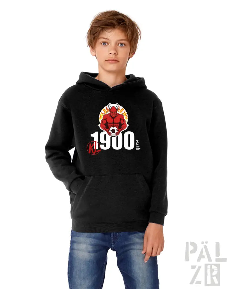 1900 Fußball-Hoodie mit Rotteufel-Design, schwarzes Material.