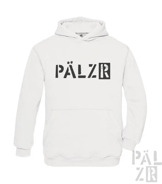 Weiße Hoodie mit schwarzem „pälzr“-Logo-Design.