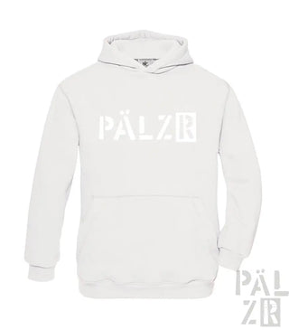 Weiße Hoodie mit ’pälzr’-Logodesign, hergestellt aus einer Baumwolle- und Polyestermischung.