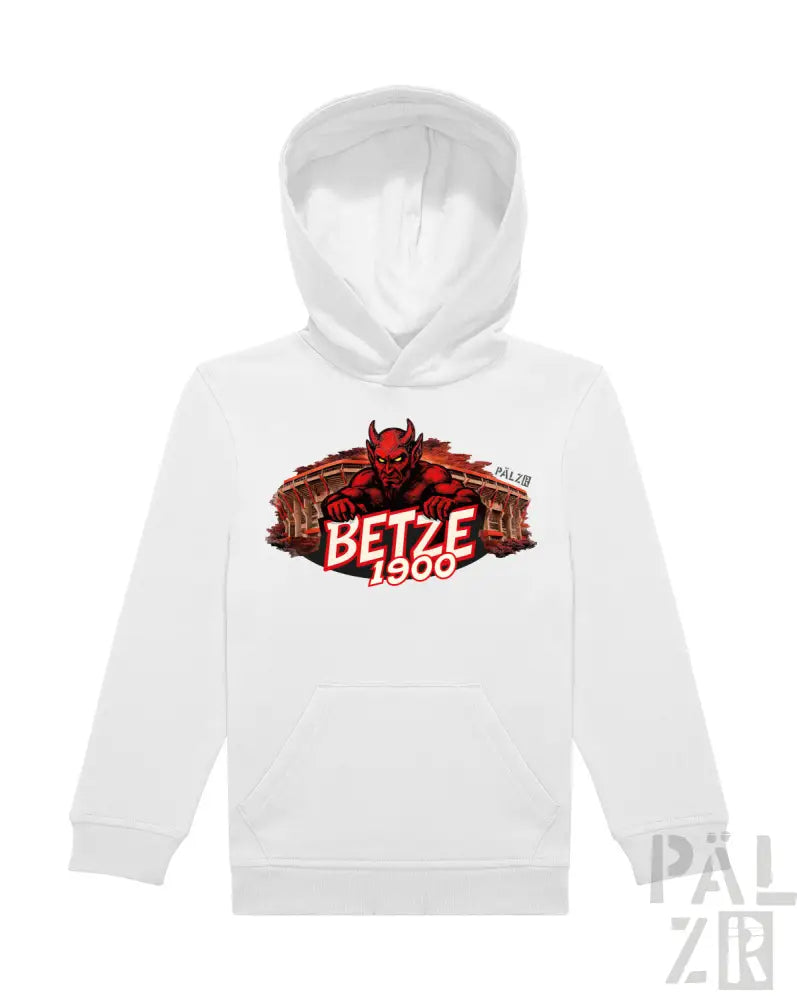 Weiße Kapuzenpulli mit rotem Teufel-Grafik, Text „betze 1900“ und antikem Stadion-Hintergrund.