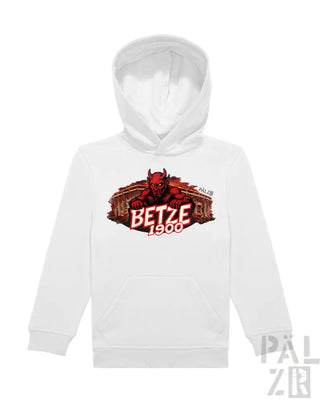 Weiße Kapuzenpulli mit rotem Teufel-Grafik, Text „betze 1900“ und antikem Stadion-Hintergrund.