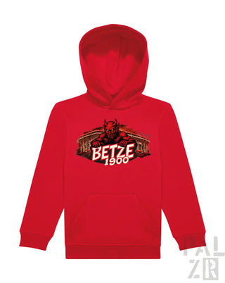 Rote Kinder-Kapuzenjacke mit kühner Grafik eines Teufels und ’betze 1900’ gedruckt darunter.