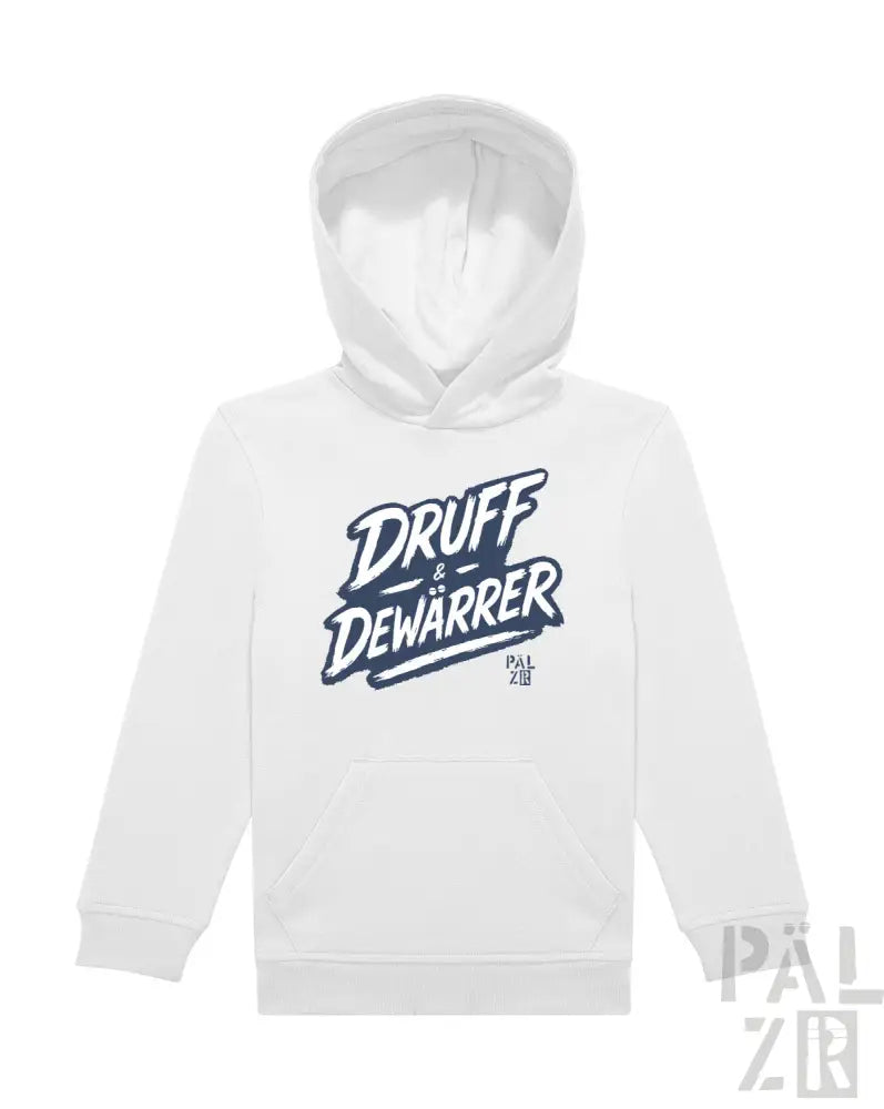 Weiße Hoodie mit ’druff dewarrer’ Grafikdesign und koreanischem Text.
