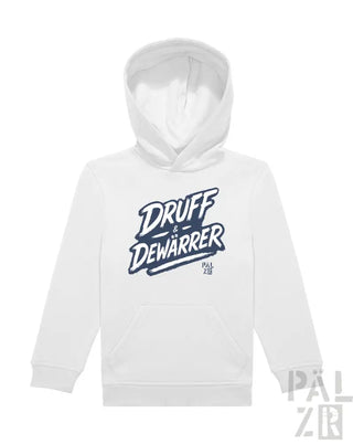 Weiße Hoodie mit ’druff dewarrer’ Grafikdesign und koreanischem Text.