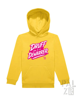 Gelbes Hoodie mit ’druff dewarrer’-Grafik in Pink und Weiß, mit Kapuzendesign.