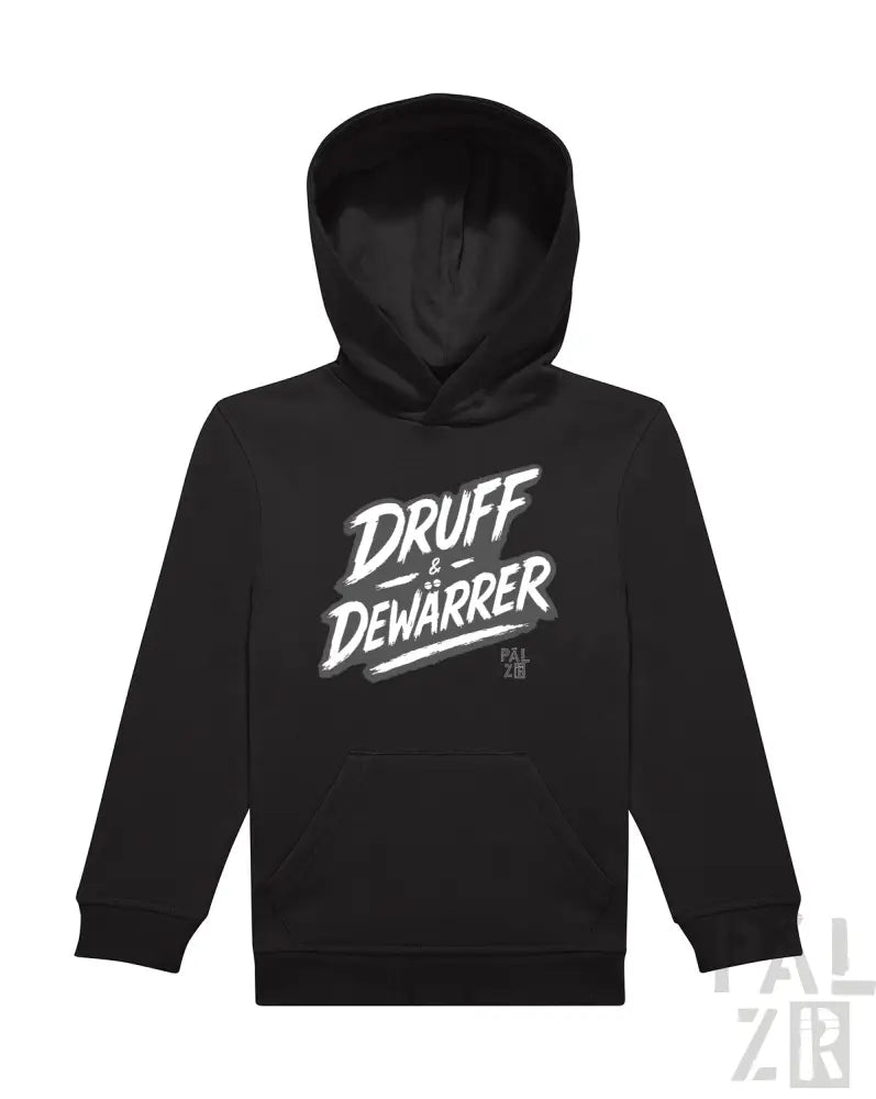 Schwarzer Hoodie mit ’druff dewarrer’ Grafikdesign, aus Baumwoll-Polyester-Mischung.
