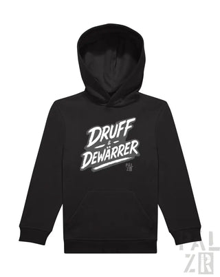Schwarzer Hoodie mit ’druff dewarrer’ Grafikdesign, aus Baumwoll-Polyester-Mischung.