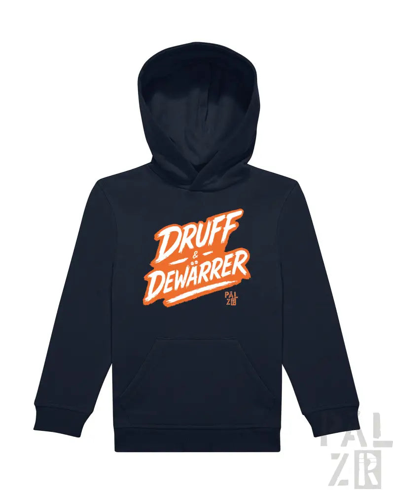 Marineblaue Kapuzenjacke mit ’druff dewarrer’-Grafik in orange- und weißem Design, inspiriert von einer beliebten Marke.