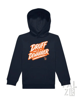 Marineblaue Kapuzenjacke mit ’druff dewarrer’-Grafik in orange- und weißem Design, inspiriert von einer beliebten Marke.