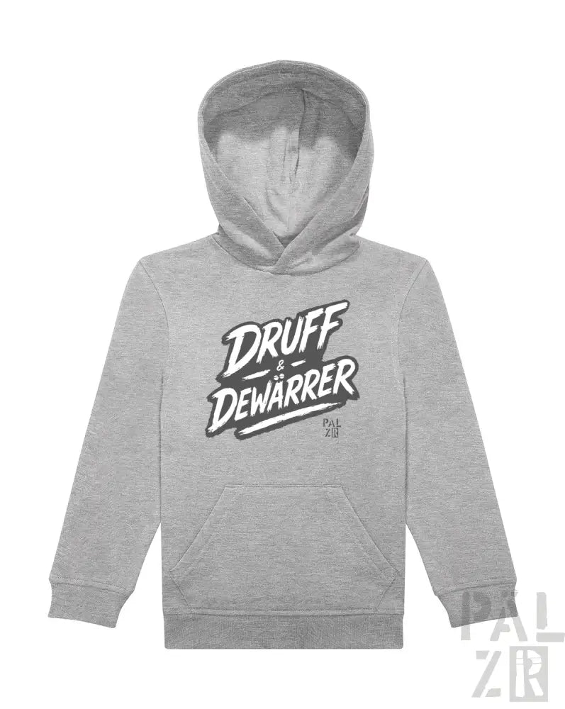 Grauer Hoodie mit ’druff dewarrer’-Grafikdesign, hergestellt aus einer Baumwoll- und Polyestermischung.
