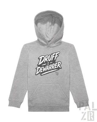 Grauer Hoodie mit ’druff dewarrer’-Grafikdesign, hergestellt aus einer Baumwoll- und Polyestermischung.