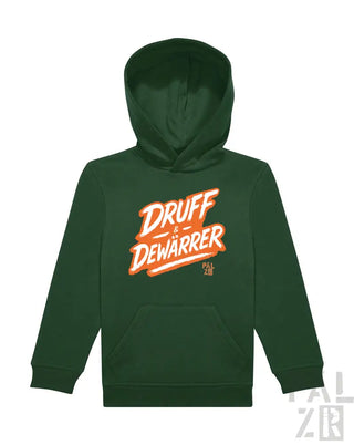 Grüner Hoodie mit ’druff dewarrer’ Grafikdesign, orange und weißer Text.