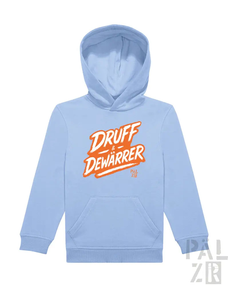 Hellblaues Hoodie mit ’druff dewarrer’ Grafikdesign, orangefarbenem Text und weißem Umriss.