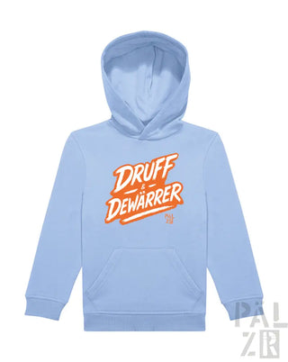 Hellblaues Hoodie mit ’druff dewarrer’ Grafikdesign, orangefarbenem Text und weißem Umriss.
