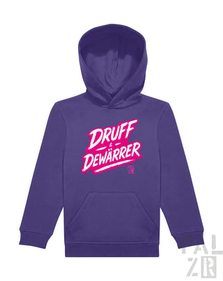 Lila Hoodie mit ’druff dewarrer’ Grafikdesign, aus Fleece-Material gefertigt.