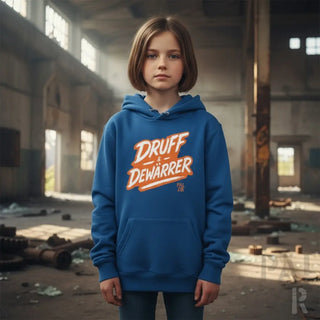 Königsblaues Hoodie mit ’druff dewarrier’ Grafikdesign, Material aus Kapuzenschweißhemd.