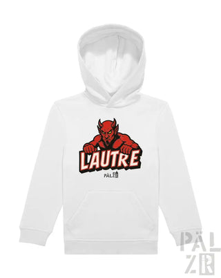 Weißes Hoodie mit rotem Teufel-Design und ’l’autre’-Text.